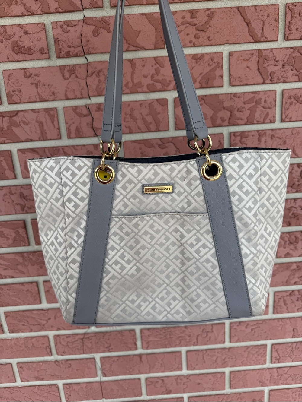 Tommy Hilfiger Light Gray Monogram Tote with Gray Straps